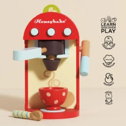 Le Toy Van Wooden Toy Coffee Machine & Pods -Le Toy Van Cheap Store TV299 cafe machine barista red cup coffee cappuccino pods spoon honeybake roleplay playfood wooden toy 3