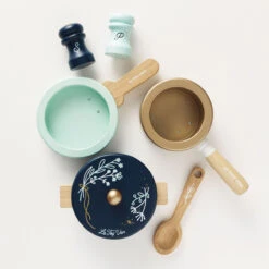 Le Toy Van Cheap Store -Le Toy Van Cheap Store TV301 pots pans wooden toy kitchen blue copper wood eco plastic free gift boy girl food cooking roleplay utensils spoon salt 2