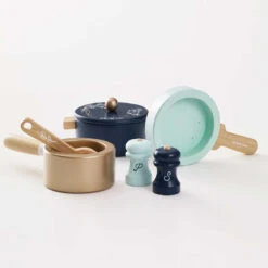 Le Toy Van Pots & Pans Kitchen Accessories -Le Toy Van Cheap Store TV301 pots pans wooden toy kitchen blue copper wood eco plastic free gift boy girl food cooking roleplay utensils spoon salt 4