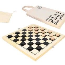 Wooden Draughts Set With Cotton Travel Bag